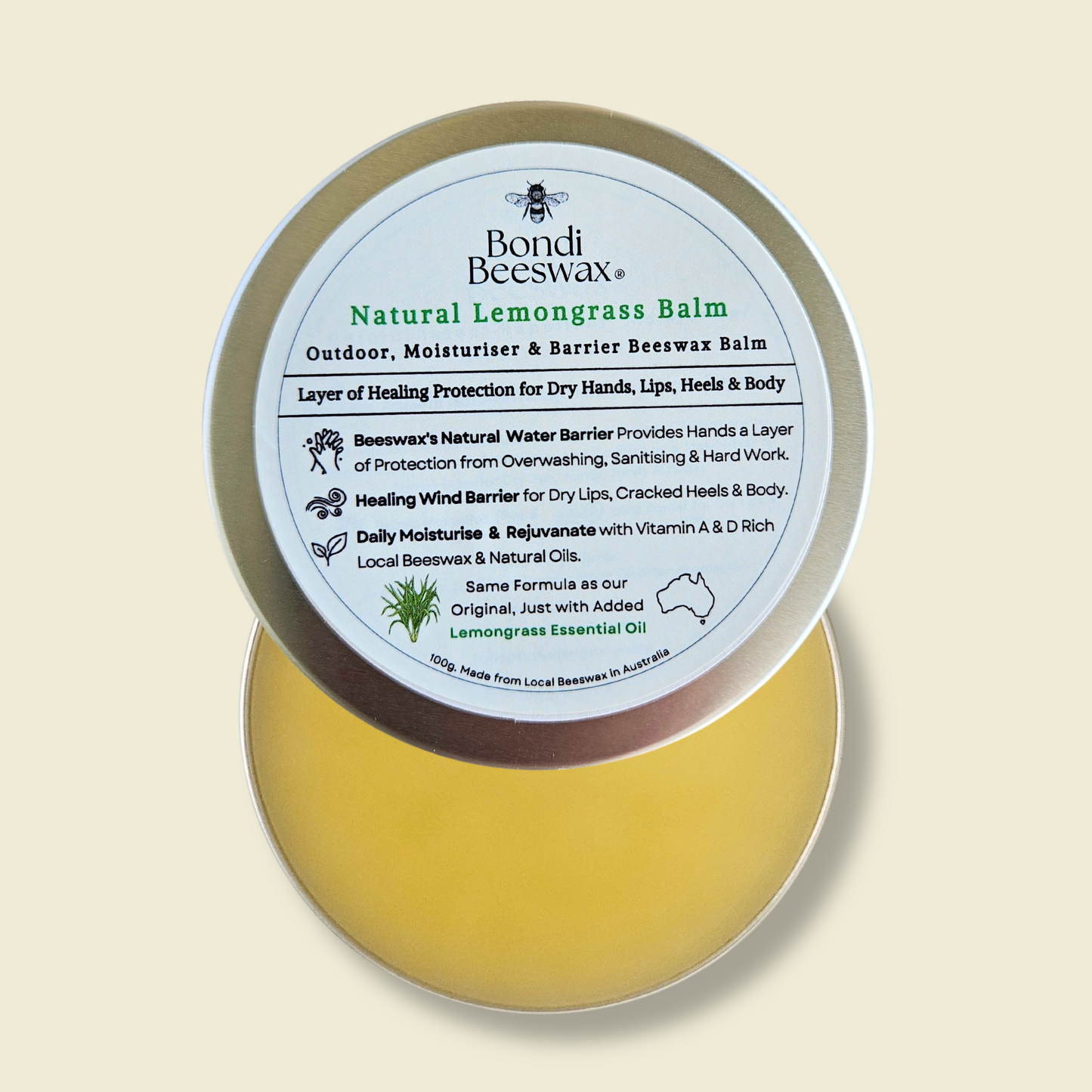 Bondi Beeswax Natural Lemongrass Balm Outdoor, Moisturiser & Barrier Beeswax Balm 100g